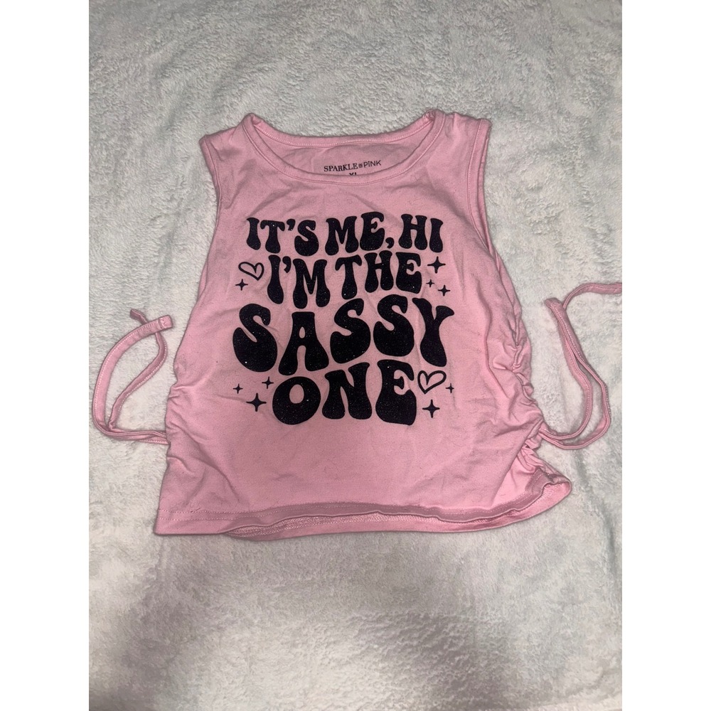 Sparkle In Pink Girls XL Sassy One Glitter Graphic Tank Top Pink Cinched Sides